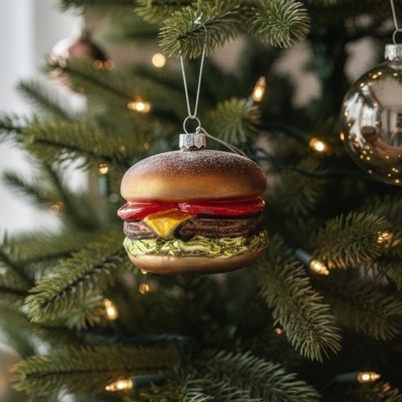 Other - Glass Cheeseburger Christmas Ornament Hand Painted Glitter Foodie Holiday Decor